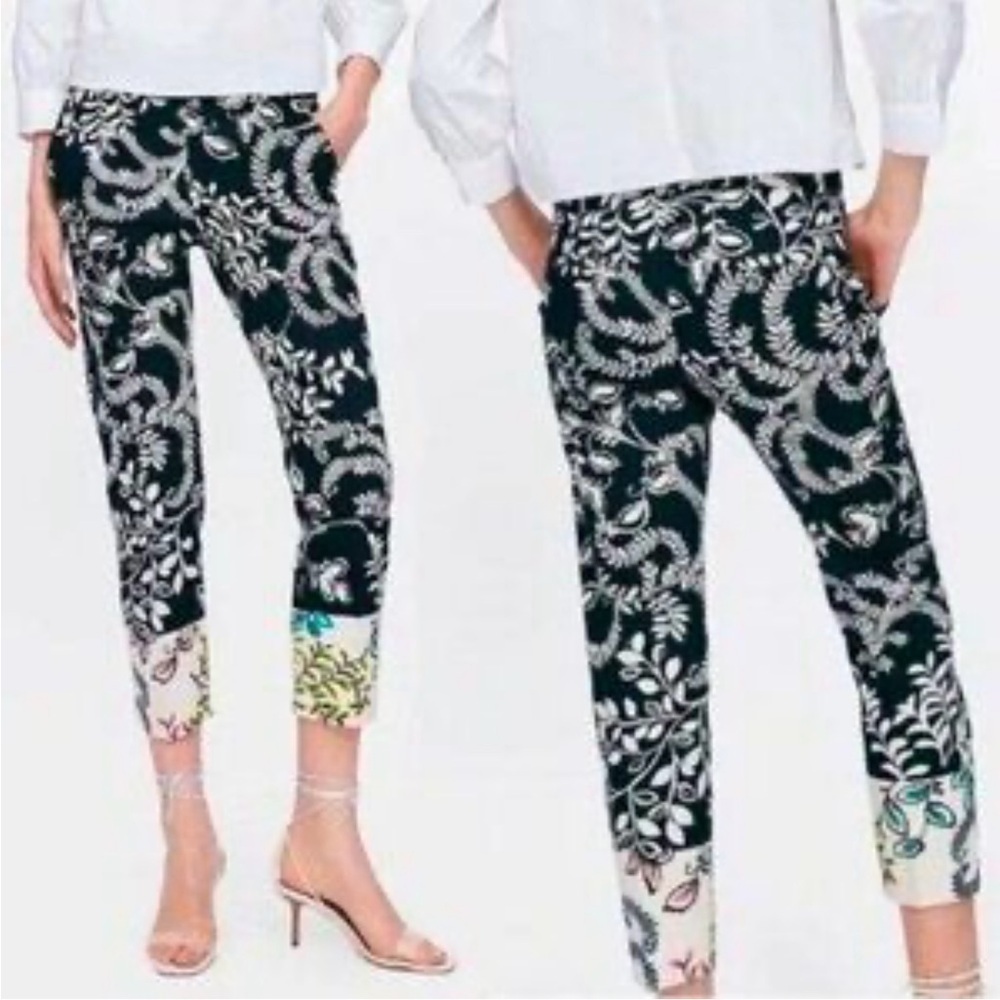 🖤 Zara Bold Black/Cream Floral Hem Ankle Pants🖤SZ 2